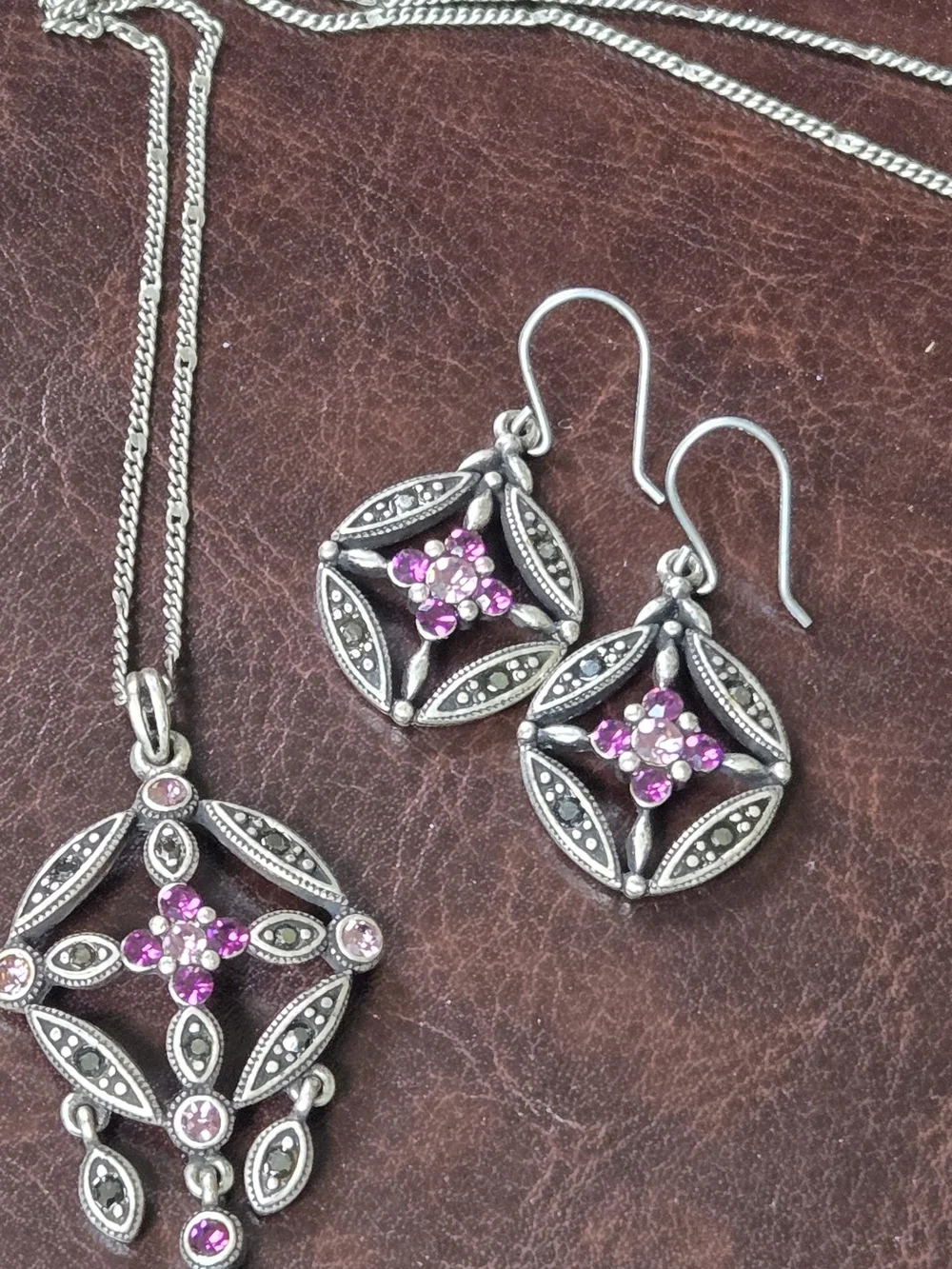 Vintage-Inspired Amethyst & Marcasite Pendant Necklace and Earring Set #M2 - Picture 5 of 5